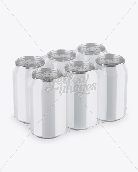 Transparent Pack with 6 Glossy Cans Mockup - Halfside View