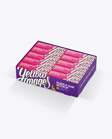 Bubble Gum Box Mockup - Halfside View (High-Angle Shot) - Metallic+Bubble+Gum+Pack+Mockup+Halfside+View+In+Packaging+Mockups+On+Yellow+Images+Object+Mockups