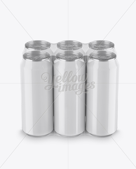 Transparent Pack with 6 Glossy Cans Mockup - Front View (High-Angle Shot)