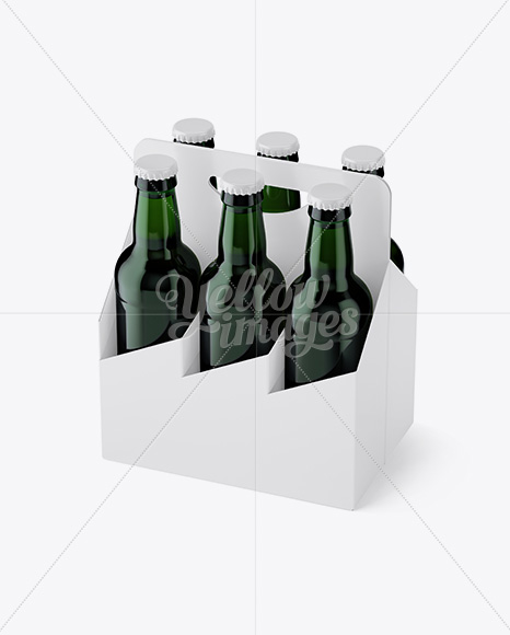 White Paper 6 Pack Green Bottle Carrier Mockup - Half Side View (High-Angle Shot)