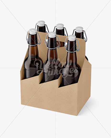 Kraft Paper 6 Pack Amber Bottle Carrier Mockup - Halfside View (High-Angle Shot)