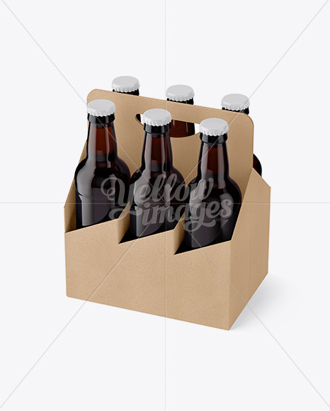Kraft Paper 6 Pack Amber Bottle Carrier Mockup - Half Side View (High Angle Shot)