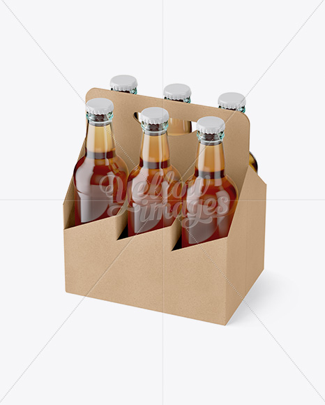 Kraft Paper 6 Pack Clear Bottle Carrier Mockup - Half Side View (High Angle Shot)