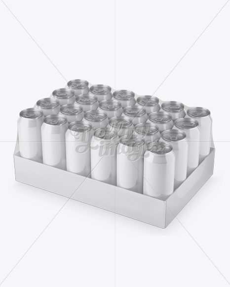 Transparent Pack with 24 Glossy Alminium Cans Mockup - Half Side View (High-Angle Shot)