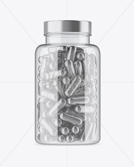 Clear Plastic Bottle With Metallic Pills Mockup