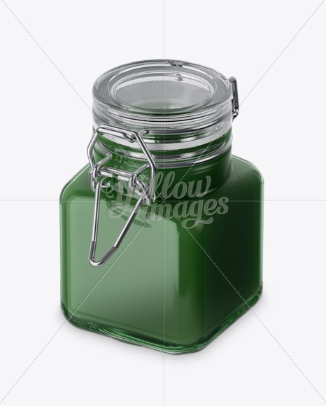 100ml Glass Green Jam Jar w/ Clamp Lid Mockup - Half Side View (High-Angle Shot)