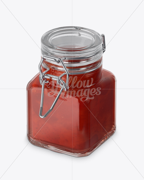 100ml Glass Strawberry Jam Jar w/ Clamp Lid Mockup - Half Side View (High-Angle Shot)