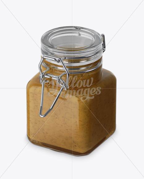 100ml Glass Mustard Jar w/ Clamp Lid Mockup - Half Side View (High-Angle Shot)