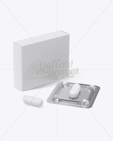 Pills Box With Transparent Blister Mockup - Half Side View