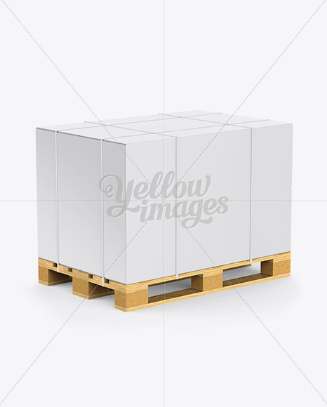 Wooden Pallet With Box &amp; Straps Mockup - Half Side View