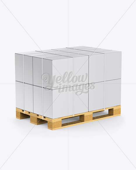 Wooden Pallet With 8 Strapped Paper Boxes Mockup - Half Side View