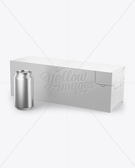 Closed Box with 12 Aluminium Cans with a Can Standing Alone Mockup - Half Side View