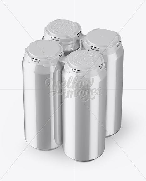 Pack with 4 Metallic Aluminium Cans with Plastic Holder - Halfside View (High-Angle Shot)