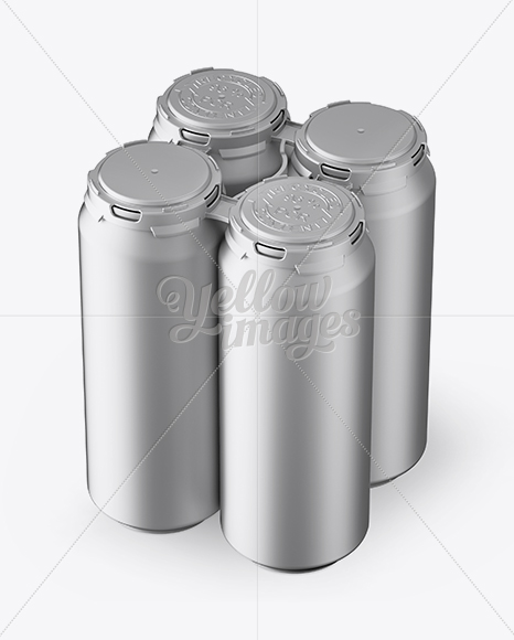 Pack with 4 Matte Metallic Aluminium Cans with Plastic Holder - Halfside View (High-Angle Shot)