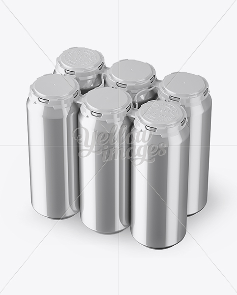 Pack with 6 Metallic Aluminium Cans with Plastic Holder - Half Side View (High-Angle Shot)