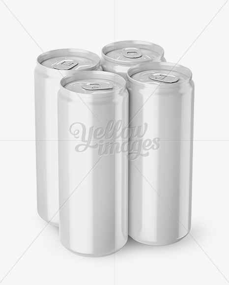 4 Glossy Aluminium Cans Mockup - Half Side View (High Angle Shot)