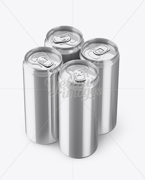 4 Metallic Aluminium Cans Mockup - Half Side View (High Angle Shot)