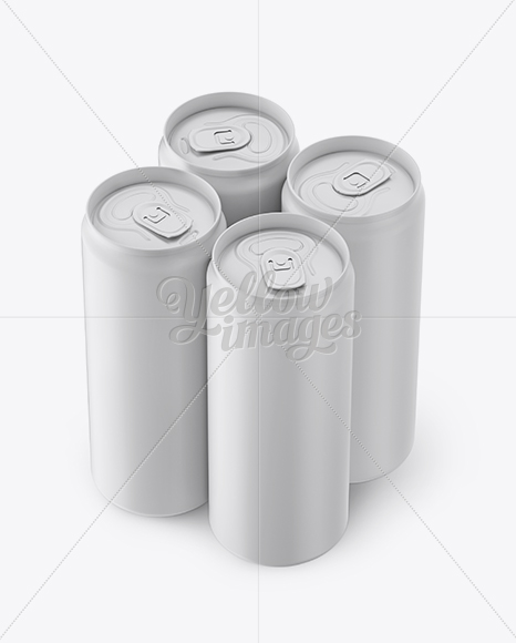 4 Matte Aluminium Cans Mockup - Half Side View (High Angle Shot)