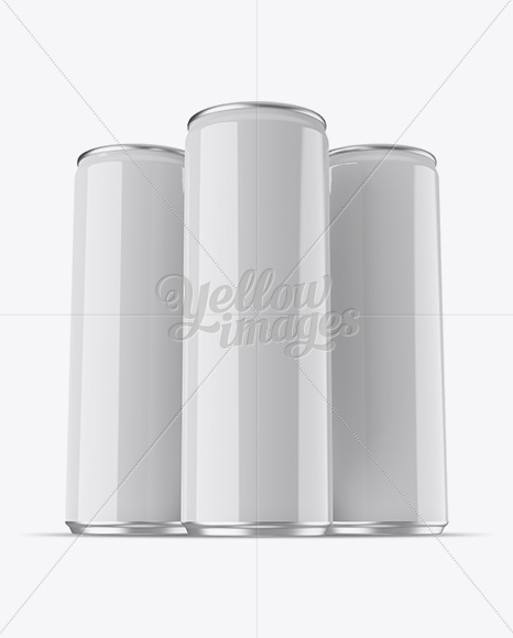 Three 250ml Aluminium Cans With Glossy Finish Mockup - Hero Shot