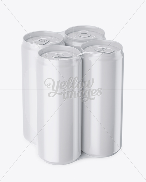 4 Glossy Cans in Shrink Wrap Mockup - Half Side View (High Angle Shot)