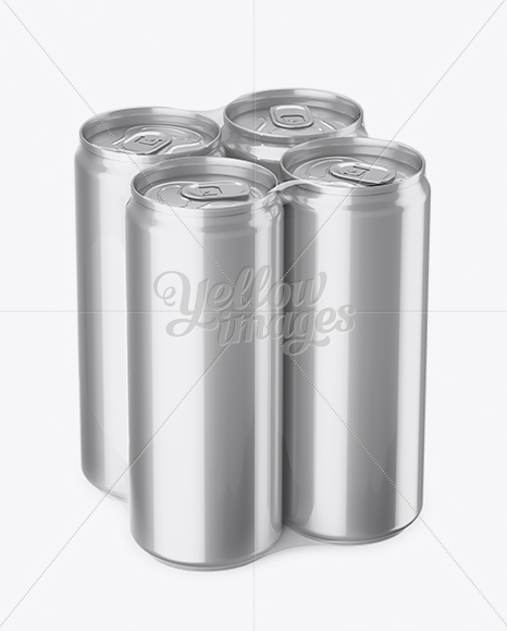 4 Metallic Cans in Shrink Wrap Mockup - Half Side View (High Angle Shot)