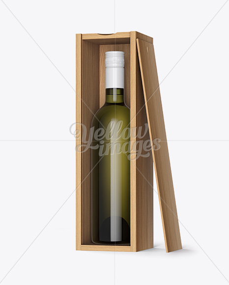 Green Glass Wine Bottle In Open Wooden Box Mockup - Half Side View