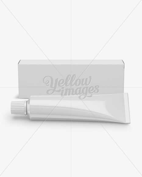 Glossy Cream Tube &amp; Paper Box Mockup (High Angle Shot)