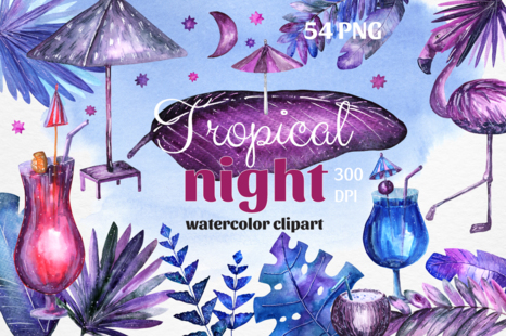 Tropical night - Watercolor set - Watercolor cocktails