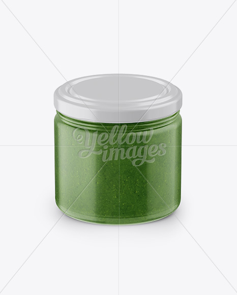 Glass Jar with Pesto Sauce Mockup - Front View (High Angle Shot)