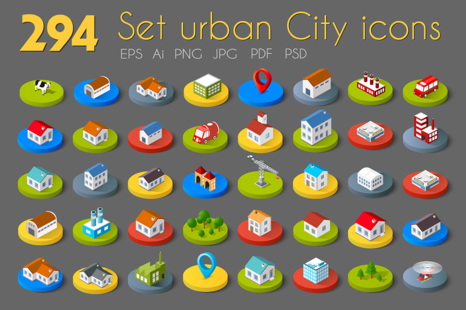 Set of 3D isometric city web icons - Industrial buildings