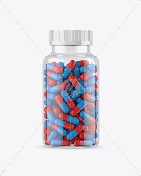 Clear Bottle With Red/Blue Pills Mockup