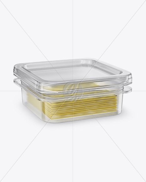 Transparent Container with Wrapped Sliced Cheese Packs Mockup - Half Side View (High Angle Shot)