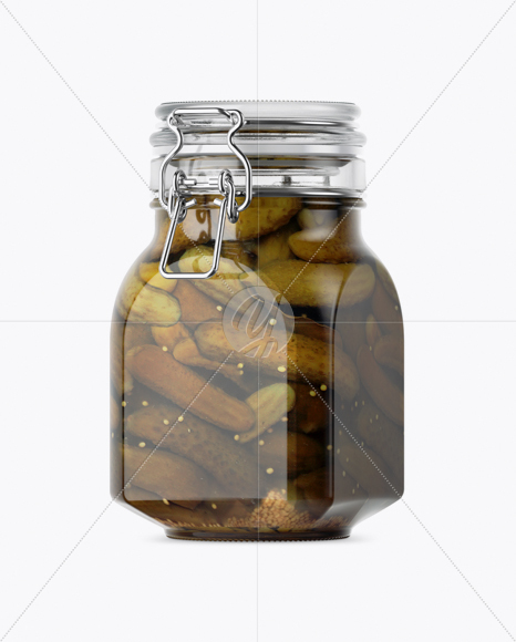 900ml Pickled Cucumbers Glass Jar w/ Clamp Lid Mockup - Half Side View