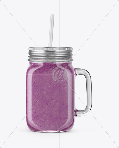 Closed Mason Jug with Straw and Label Mockup (Berries Smoothie)