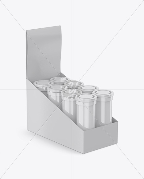 8 Glossy Sport Nutrition Tubes Display Box Mockup - Half Side View