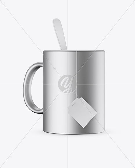 Metallic Mug With Tea Bag & Spoon Mockup