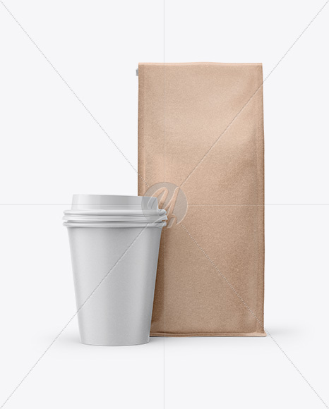 Kraft Bag with Coffee Cup Mockup - Front View