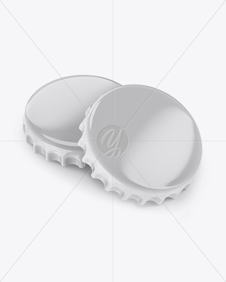 Two Glossy Bottle Caps Mockup - Half Side View (High-Angle Shot)