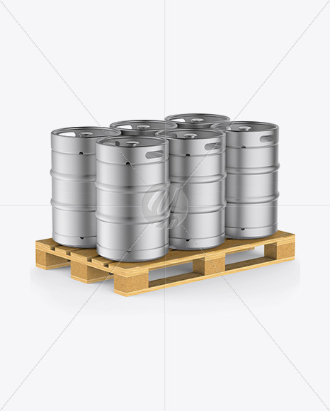 Wooden Pallet With 6 Metallic Beer Kegs Mockup - Half Side View - Free