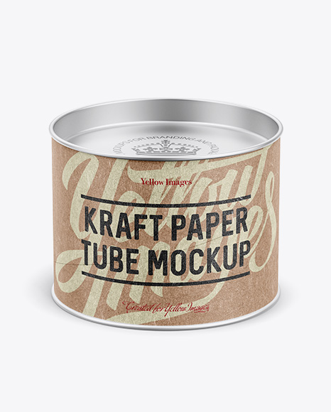 Small Kraft Paper Tube w a Flat Tin Lid and a Paper Label - High-Angle View - Paper+Tube+Packaging+Mock+Up+Set+Small+Packaging+Template+Packaging+Mockup