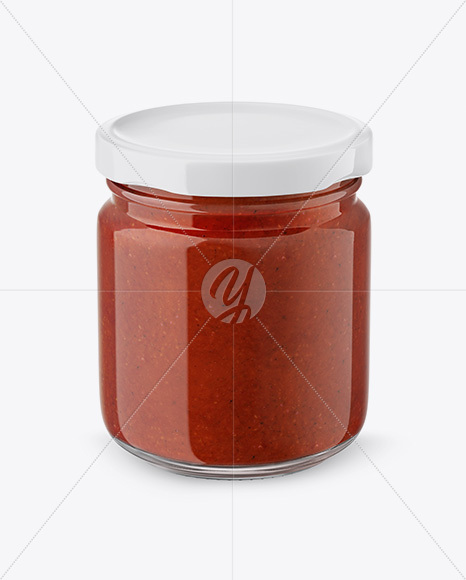 Glass Jar with Tomato Sauce Mockup - Front View (High Angle Shot)