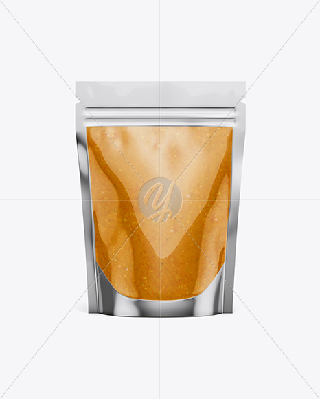 Glossy Transparent Stand-Up Pouch W/ Curry Sauce Mockup - Front View
