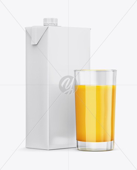 1L Carton Pack With Orange Juice Glass Mockup - Halfside View - Free