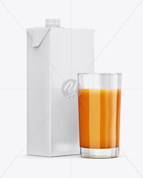 1L Carton Pack With Carrot Juice Glass Mockup - Halfside View