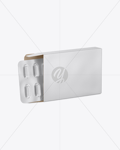 Opened Paper Box &amp; Pills Blister Mockup - Half Side View (High-Angle Shot)