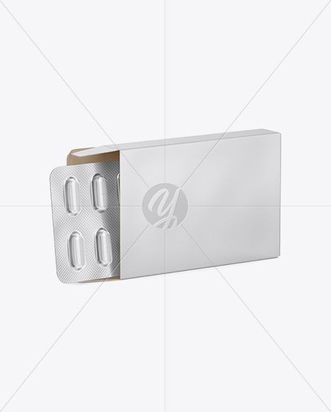 Opened Paper Box & Tablets Blister Mockup - Half Side View (High-Angle Shot)