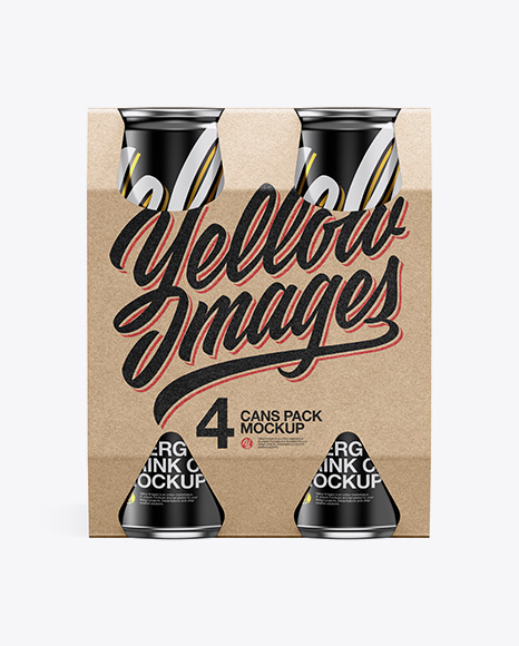 Kraft Carrier W 4 Glossy Cans Mockup - Front View - Beer carton mockup