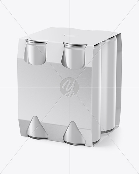 Carton Carrier W/ 4 Glossy Cans Mockup - Half Side View