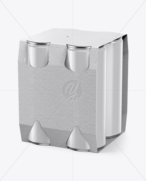 Kraft Carrier W/ 4 Glossy Cans Mockup - Half Side View (High-Angle Shot)