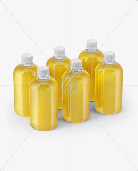 Bottles with Juice in Shrink Sleeves Mockup - Half Side View (High-Angle Shot)